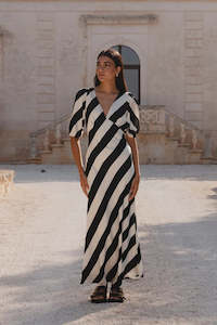 Amora SS Bias Midi Dress - Black White Stripe -