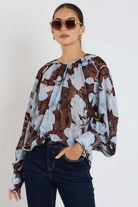 Stories Be Told: Cosmopolitan Chocolate Blue Floral Crew Neck Floaty LS Top