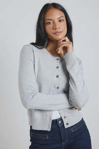 Knitwear: Autograph Light Grey Marle Cashmere Blend Crewneck Cardigan - Light Grey Marle