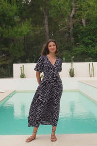 Stories Be Told: Lisbon Navy Polka Dot Puff Sleeve Midi Dress