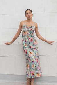 Lavish Blue Multi Floral Tie Back Bias Slip Dress