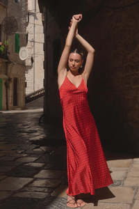 Otherworldly Red Polka Dot Satin Bias Slip Midi Dress