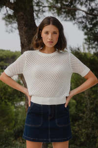 All: Dapple Ivory Boxy Knit Lace Tee