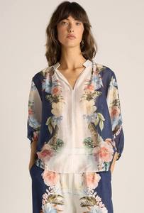 Solara Split Neck Blouse - Navy Print