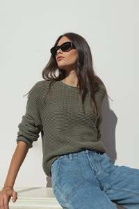 Dawn Soft Khaki Crochet Knit Jumper - Soft Khaki