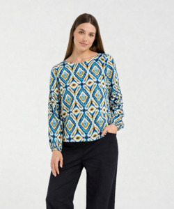 Skylar Pintuck Sleeve Top - Regatta Blue Aztec