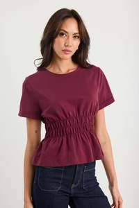 Among The Brave: Svelte Burgundy Shirred Detail SS Tee - Burgundy