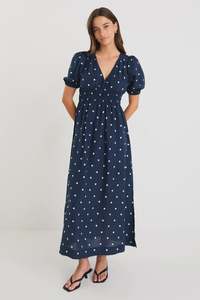 Stories Be Told: Eloquent Navy Polka Dot Flutter Sleeve Maxi Dress