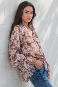 Odyssey Blush Chocolate Floral Shirred Neck LS Top