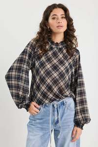 Among The Brave: Embrace Black Check Chiffon Shirred Neck LS Top