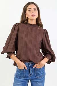 Embrace Chocolate Self Stripe Shirred Neck LS Top
