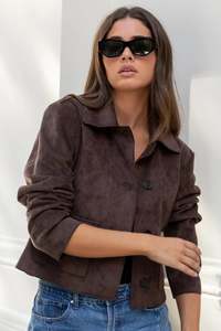 Exhibit Chocolate Faux Suede Button Front Cropped Jacket