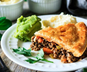 Beef: Handcrafted Mince and Cheese Family size PIe.