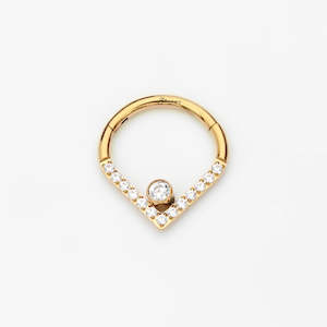 Septum Rings: Titanium CZ Paved Chevron Segment Hoop Ring with CZ Center - Gold