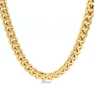 Mens Necklaces: 18K Gold Plated Stainless Steel Miami Cuban Curb Chain Necklace - 12mm Width