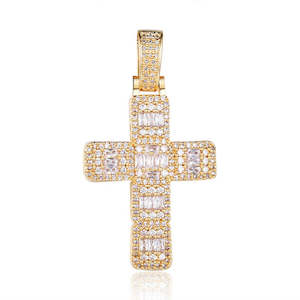 Iced Out Jewellery: Iced Out Baguette-Cut Cross Pendant - Gold