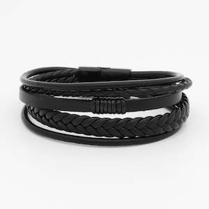Leather Bracelets: Multilayer Braided Black Leather Bracelet With Magnetic Clasp