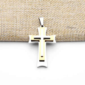 Cross Necklaces: Stainless Steel Triple Layer Cross Pendant - Gold