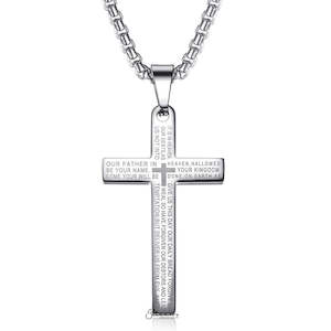 Cross Necklaces: Lord's Prayer Cross Stainless Steel Pendant - Silver
