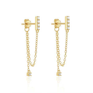 Stud Earrings: CZ Paved Bar with Chain Stud Earrings - Gold