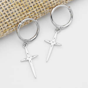 Cross Jewellery: Sterling Silver Cross Charm Huggie Hoop Earrings - Silver