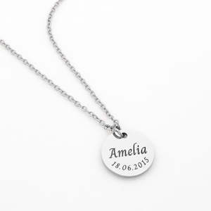 Personalised Necklaces: Personalised Round Disc Necklace - Name | Birth Flower | Date