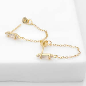 Stud Earrings: CZ Stud with Chain Earrings - Gold