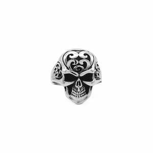 Stainless Steel Skull Ring with Tribal Carved Design
