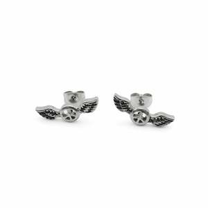 Stainless Steel Winged Peace Sign Stud Earrings