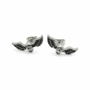 Stainless Steel Winged Skull Stud Earrings