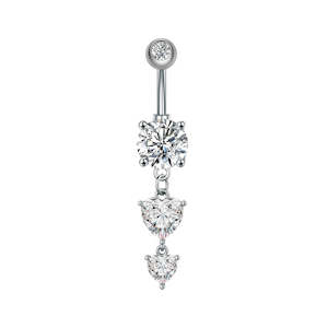 Heart CZ Dangle Belly Button Navel Ring - Silver