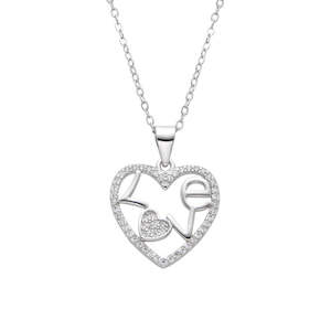 Sterling Silver Love Heart Pendant Necklace with CZ Accents