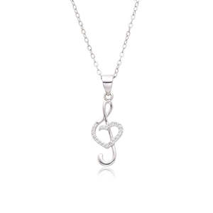 Sterling Silver CZ Treble Clef & Heart Pendent Necklace