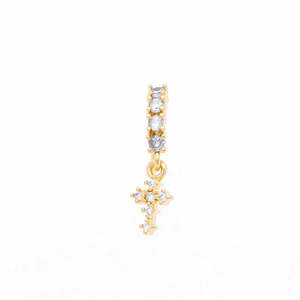 CZ Hoop Nose Ring with Dangle CZ Cross - Gold