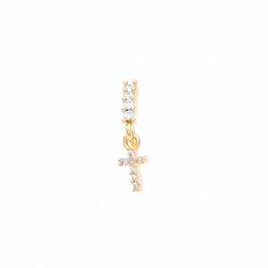 CZ Hoop Nose Ring with Dangle Cross - Gold