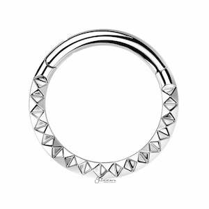 Front Facing Pyramid Laser Cut Titanium Hinged Segment Hoop Ring - Silver