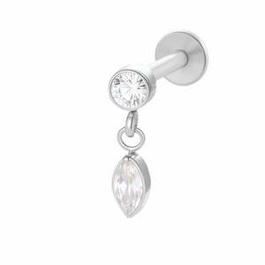 Jewellery With Gems: Double CZ Dangle Titanium Flat Back Stud Earrings