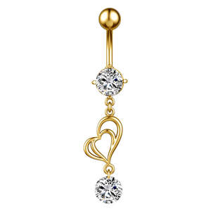 Jewellery With Gems: Double Heart with CZ Dangle Belly Button Ring - Gold