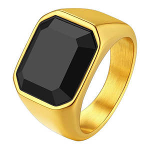 Rings: Stainless Steel Black Glass Signet Ring - Gold