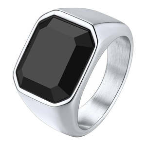 Stainless Steel Black Glass Signet Ring - Silver