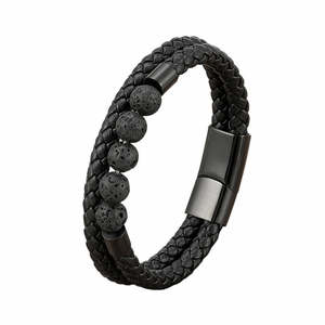 Black Braided Leather Bracelet with Lava Stone Beads