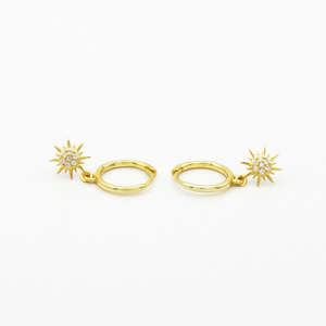 Jewellery With Gems: Sterling Silver CZ Sunburst Dangle Hoop Earrings - Gold