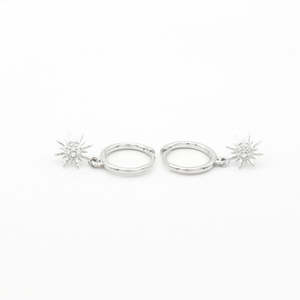 Sterling Silver CZ Sunburst Dangle Hoop Earrings - Silver