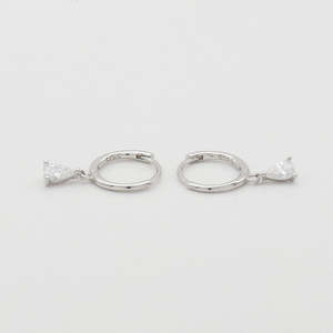 CZ Teardrop Charm Sterling Silver Hoop Earrings - Silver