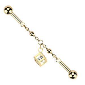 Jewellery With Gems: Centered Chain & CZ Cube Dangle Industrial Barbell - Gold