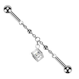 Centered Chain & CZ Cube Dangle Industrial Barbell - Silver