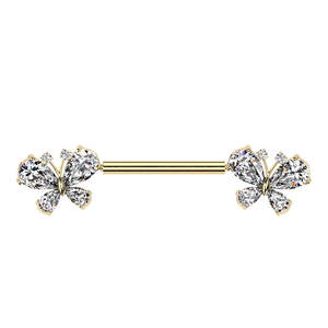 CZ Butterfly Threadless Push In Nipple Barbell - Gold