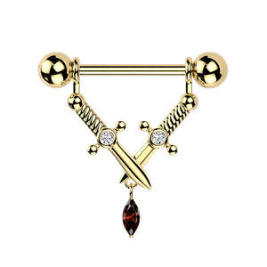 Jewellery With Gems: Crossed Daggers & Marquise CZ Dangle Nipple Barbell - Gold