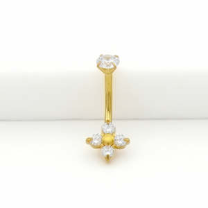 Jewellery With Gems: 4 CZ Flower Belly Button Navel Ring - Gold
