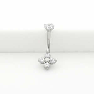 4 CZ Flower Belly Button Navel Ring - Silver
